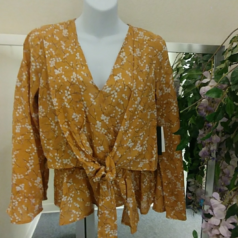 L.N.V. Mustard Floral Wrap Front Bell Sleeve Top